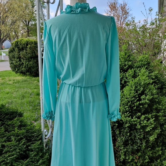 70s 80s ruffle trim Surplice neck faux wrap dress - Picture 5 of 10